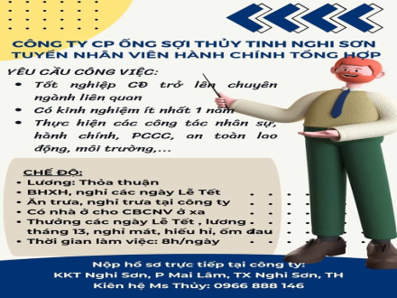 4 CẦN TUYỂN NHÂN VIÊN HÀNH CHÍNH NHÂN SỰ LÀM VIỆC TẠI NHÀ MÁY ÔNG SỢI THUỶ TINH NGHI SƠN