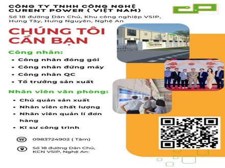 4 TUYỂN DỤNG NHÂN VIÊN VĂN PHÒNG VÀ CÔNG NHÂN LÀM VIỆC TẠI CÔNG NGHỆ CURRENT POWER NGHỆ AN