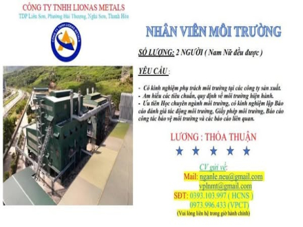 4 TUYỂN DỤNG NHÂN VIÊN MÔI TRƯỜNG LÀM VIỆC TẠI LIONAS NETALS NGHI SƠN