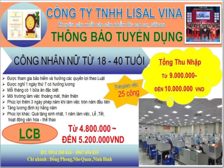 4 TUYỂN DỤNG CÔNG NHÂN NỮ LÀM VIỆC TẠI CÔNG TY TNHH LISAL VINA – NINH BÌNH