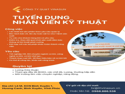 4 Nhân viên Kỹ Thuật và nhân viên hỗ trợ kinh doanh làm việc tại TH VINASUN Vĩnh Phúc